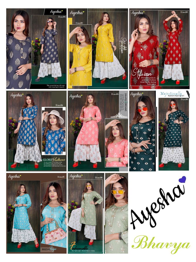 Ayesha Bhavya Latest fancy Designer Casual Wear Rayon Printed Kurtis With Bottom Collection
